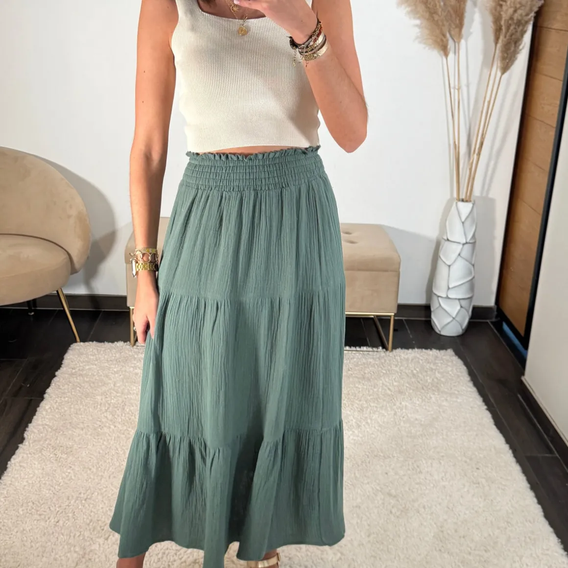 JUPE KAKI GAZE DE COTON ONDINE
