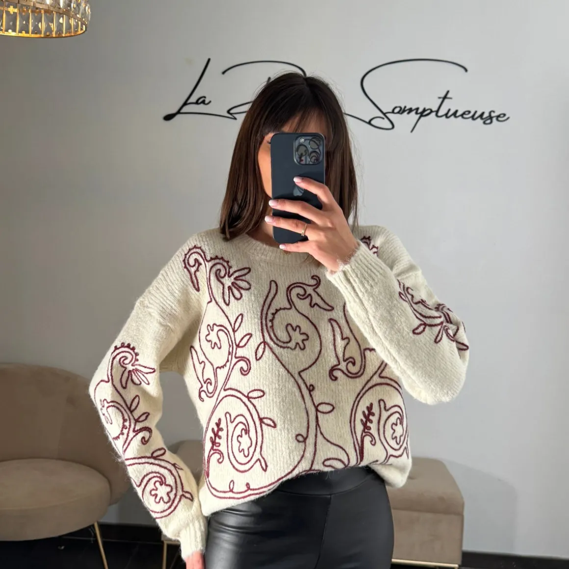 PULL BEIGE ET BORDEAUX MONA