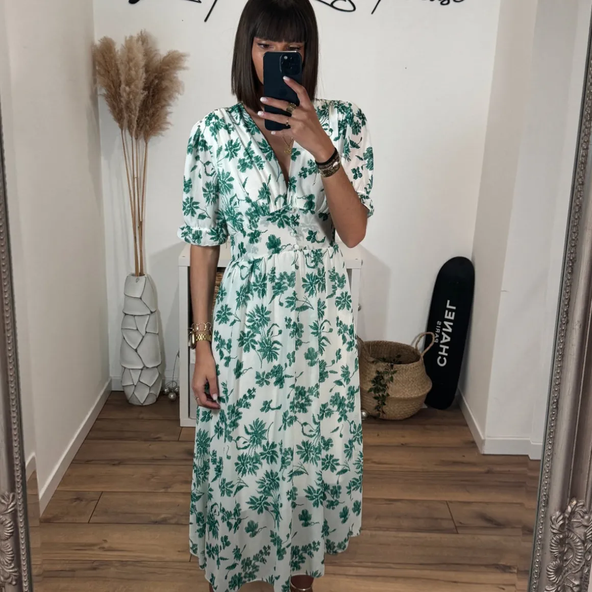 ROBE FLEURIE BLANCHE ET VERTE ELOISE