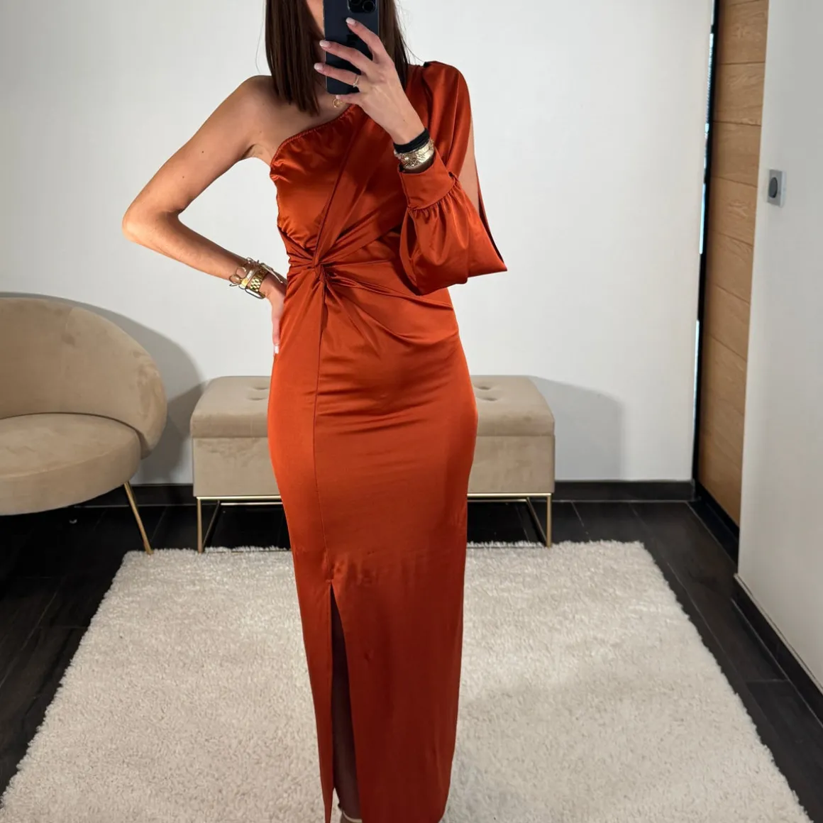 ROBE SATIN ASYMETRIQUE TERRACOTTA ALIX