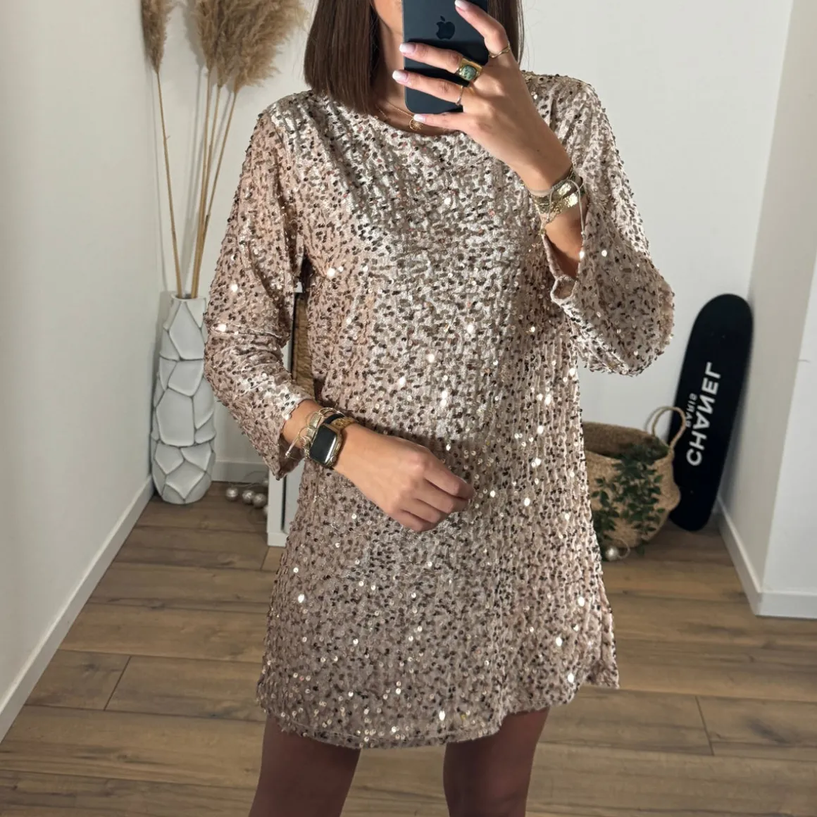 ROBE SEQUINS NOEUD BEIGE/GOLD LAURE