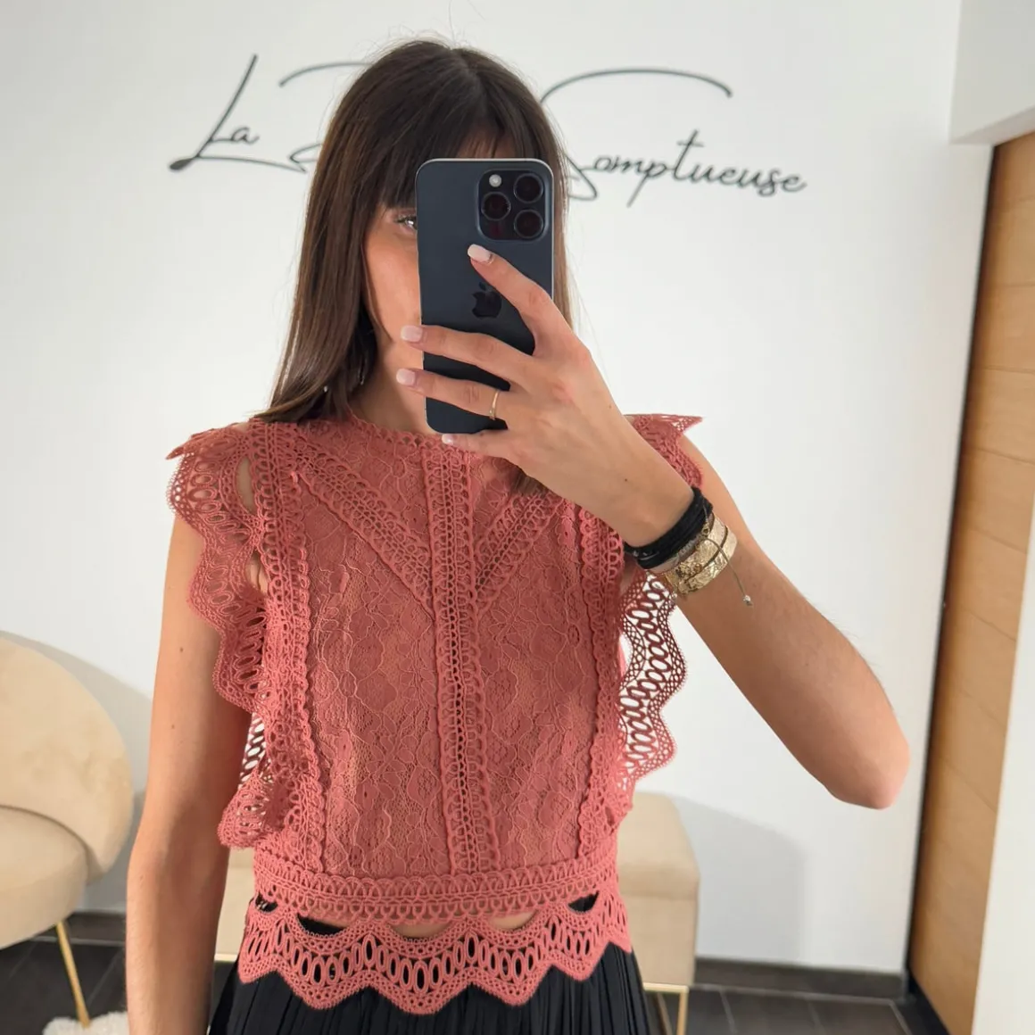 TOP BRODERIE VIEUX ROSE LEONIE