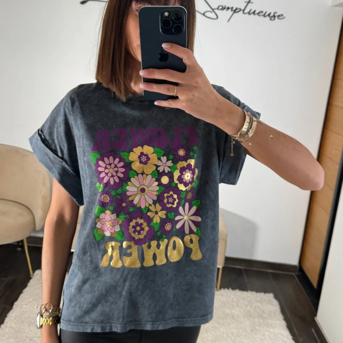 T-SHIRT GRIS FLOWER POWER