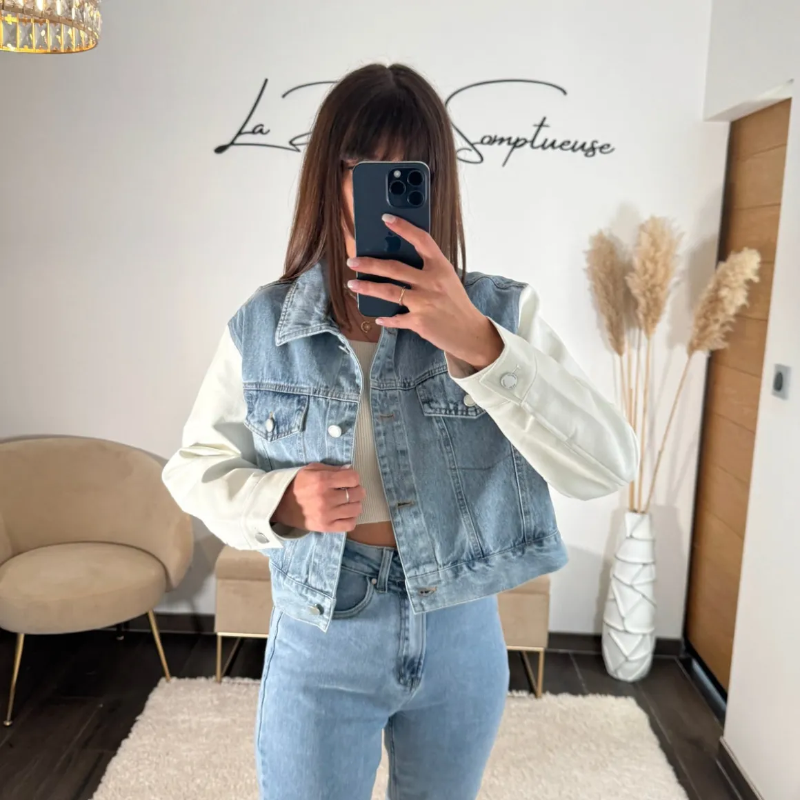 VESTE EN JEAN/ SIMILICUIR BLANCHE MONA